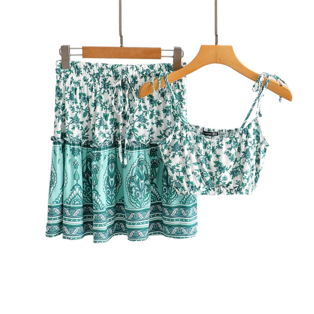 bohemian mint cami crop top ruffle skirt set - Picture 5 of 7